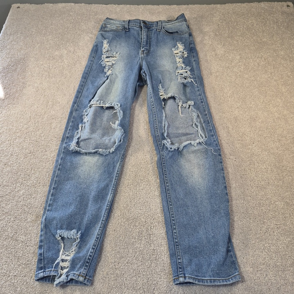 Vibrant MIU Women Size 7 Blue Flare Heavy Distressed Grunge Mom Jeans High Rise